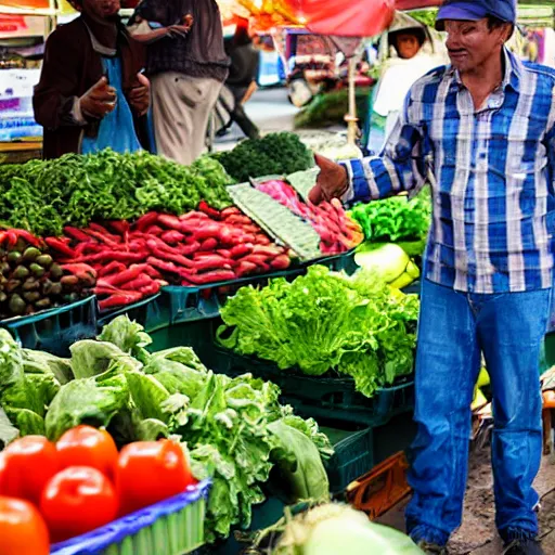 Image similar to mario selling vegetables on a farmer's market, morning
