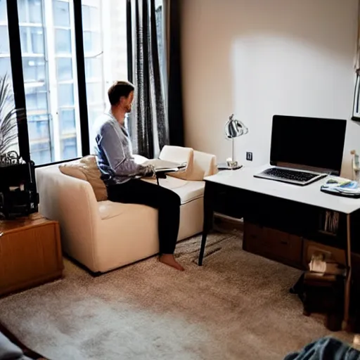 Image similar to Man alone on his computer in the living room of his apartment at night