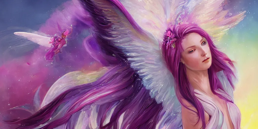 Prompt: a colorful and provenance portrait painting of a fantasy angel with beautiful face and her huge vibrant and flowers wings spread out gracefully, purple and pink colors ， detailed, highly detailed, hair made of hair made of air wind and curling smoke, mist, dust, genie, spirit fantasy concept art ， art by charlie bowater and aenami, trending on artstation.