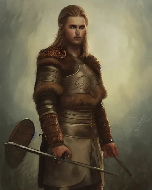 Prompt: a portrait of a handsome young viking warrior, art by tom bagshaw