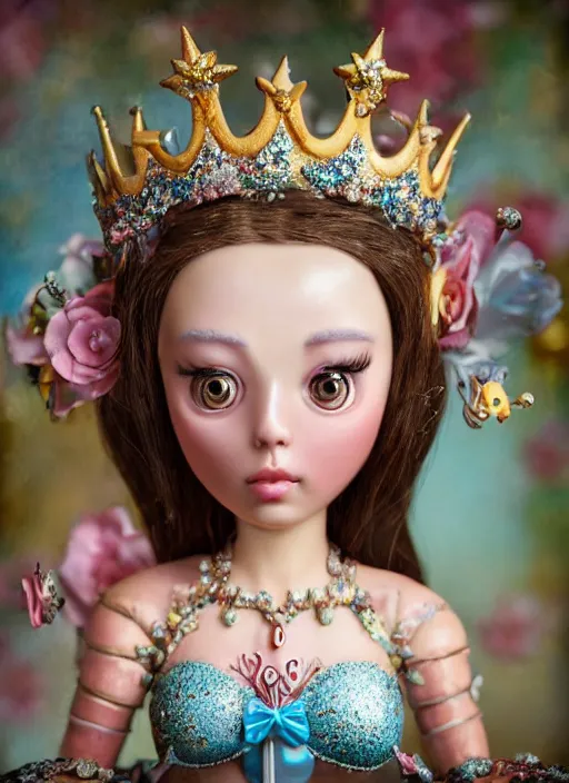 Prompt: closeup face profile portrait of a tin toy fairytale princess wearing a crown eating cakes, bikini, depth of field, zeiss lens, fashion photoshoot by nicoletta ceccoli, mark ryden, lostfish, breathtaking, detailed and intricate environment, 8 k resolution, extremely detailed, beautiful, establishing shot, artistic, hyperrealistic, octane render