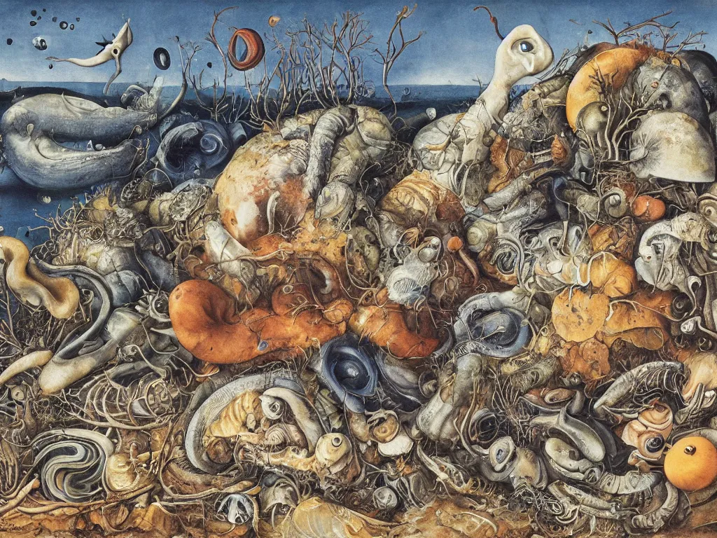 Prompt: The mollusks are reproducing. Long blue eyes. The human metropolis falls and crumbles, Autumn light, harsh. Painting by Walton Ford, Lucas Cranach, Otto Dix