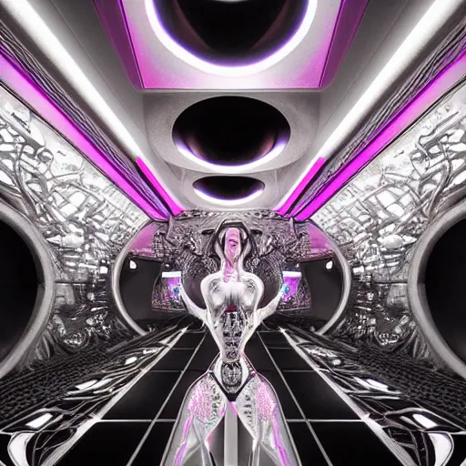 Image similar to ultra realist soft painting render of the inside of a futuristic nightclub, beautiful cyberwear armored cyborg dancer, symmetry accurate features, very intricate details, black white red purple color palette, masterpiece award winning, cinematic lighting, focus, tom bagshaw artstyle