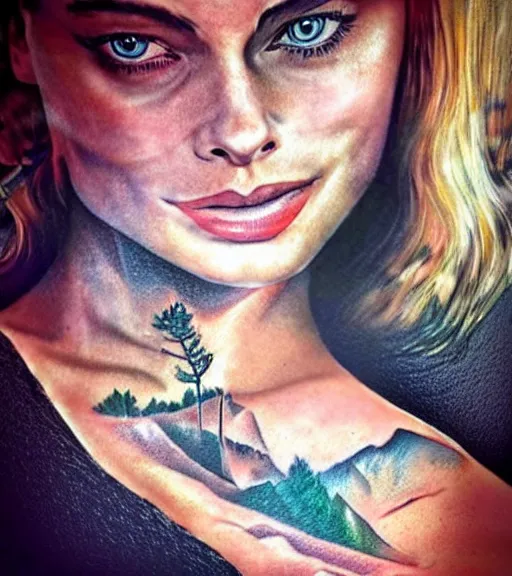 Image similar to tattoo sketch of margot robbie mash up with amazing mountain scenery and nature, double exposure effect, in the style of arlo dicristina, hyper realism, amazing detail, sharp