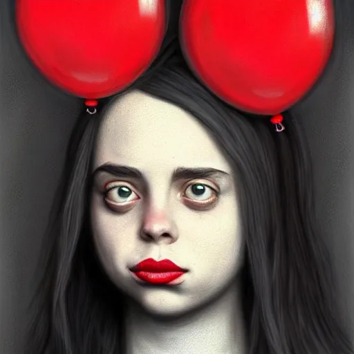 Prompt: surrealism grunge cartoon portrait sketch of billie eilish with a wide smile and a red balloon by - michael karcz, loony toons style, mona lisa style, horror theme, detailed, elegant, intricate