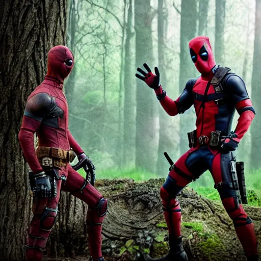 Image similar to deadpool and groot in the woods playing digital art 4 k detailed