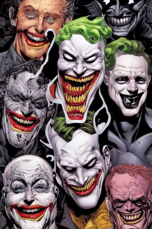 Prompt: dc comic book cover of villain the joker creepy menacing dangerous slit mouth smile and batman by michael hussar, james jean, tomer hanuka