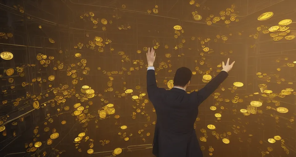 Image similar to Dramatic photo of a CEO waving to a large group of his coworkers in a futuristic office. Golden coins are levitating all around them. 8k, high detail, trending on Artstation, volumetric lighting, cyberpunk