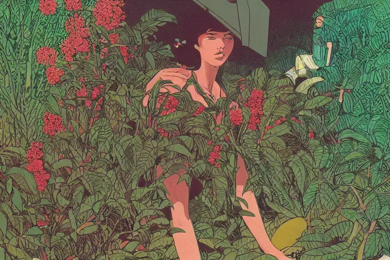 Prompt: gigantic woman head, a lot of exotic vegetation around, trees, flowers, risograph!, oldschool vintage sci - fi flat surreal design, super - detailed, painting by moebius and satoshi kon