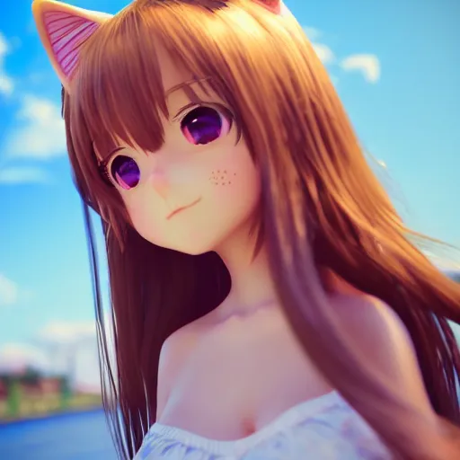 Image similar to Render of a very beautiful 3d anime girl, long hair, hazel eyes, cute freckles, full round face, cat ears, short smile, cute sundress, golden hour, serene beach setting, medium shot, mid-shot, highly detailed, trending on Artstation, Unreal Engine 4k