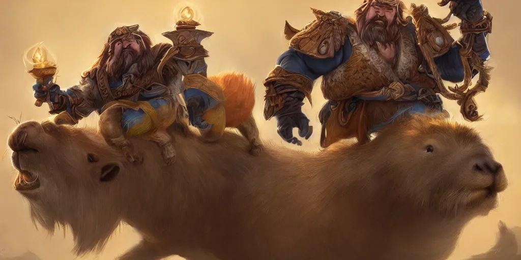 Prompt: Dwarf Riding a giant capybara carrying trinkets, camera underneath, art by World of Warcraft Art Direction, art station, concept art,