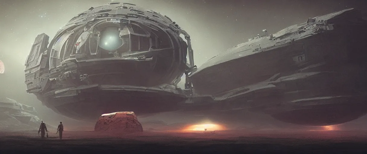 Prompt: illustration, a single scouting spaceship, deep space exploration, the expanse tv series, industrial design, space travel, intergalactic, atmospheric, cinematic lighting, 4k, greebles, widescreen, wide angle, beksinski, sharp and blocky shapes, simon stalenhag palette