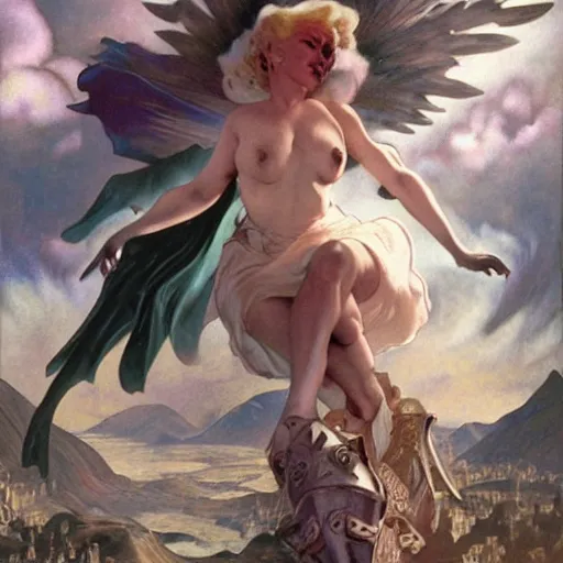 Image similar to an extremely detailed matte painting marilyn monroe as a terrifying valkyrie descending from valhalla on a pegasus, in the style of magic the gathering, 8 k, sharp focus, detailed face, art by john collier and albert aublet and krenz cushart and artem demura and alphonse mucha