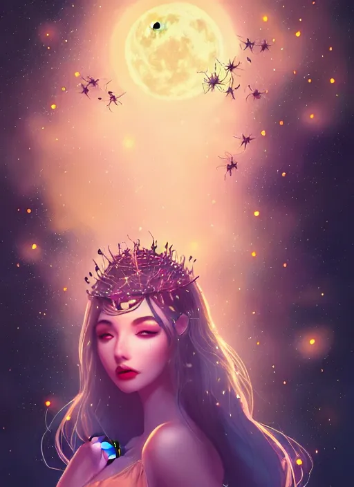 Image similar to queen of the night surrounded by fireflies with the fullmoon in the background, highly detailed, artgerm style, artstation, soft light, sharp focus, illustration, character design, concept art