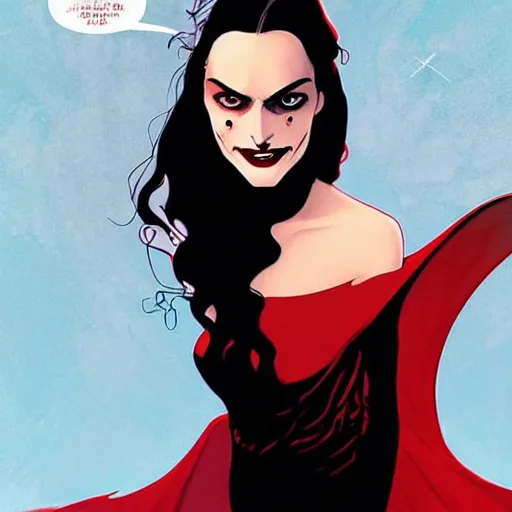 Image similar to Rafeal Albuquerque comic art, Joshua Middleton comic art, American Vampire comic art, pretty Phoebe Tonkin vampire open mouth smile sharp teeth, fully red eyes no pupils, horror, symmetrical face, symmetrical eyes, pretty white dress, short black hair, full body:: snow outside::