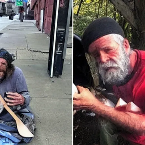 Prompt: homeless man gets axe to cut off internet, homeless man horrified, picture wins million - dollar prize