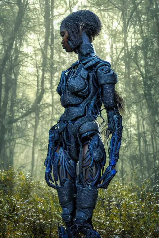 Prompt: hyperrealistic very beautiful black woman, highly detailed exoskeleton armor in a forest, sun behind her, concept art brad kunkle elson peter, dramatic blue light low angle hd 8k sharp focus