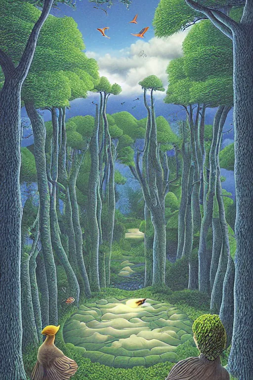 Prompt: looking straight on forest with twisting fantasy tress and pond with birds, Digital Matte Illustration by rob Gonsalves