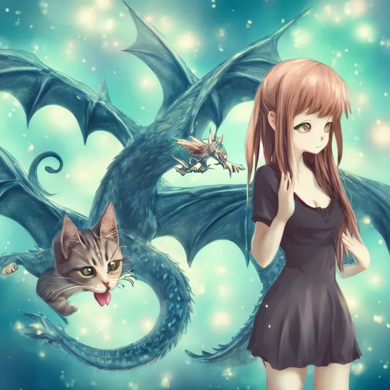 Image similar to cute, full body, female, anime style, a cat girl with fairy wings patting a dragon, large eyes, beautiful lighting, sharp focus, simple background, creative, heart effects, filters applied, illustration