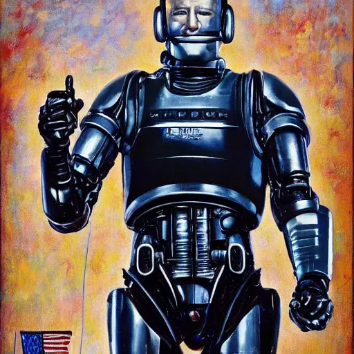 Image similar to joe biden as robocop, realistic oil painting, style of norman rockwell, 8 k, super sharp, ultra detail, rule of thirds,