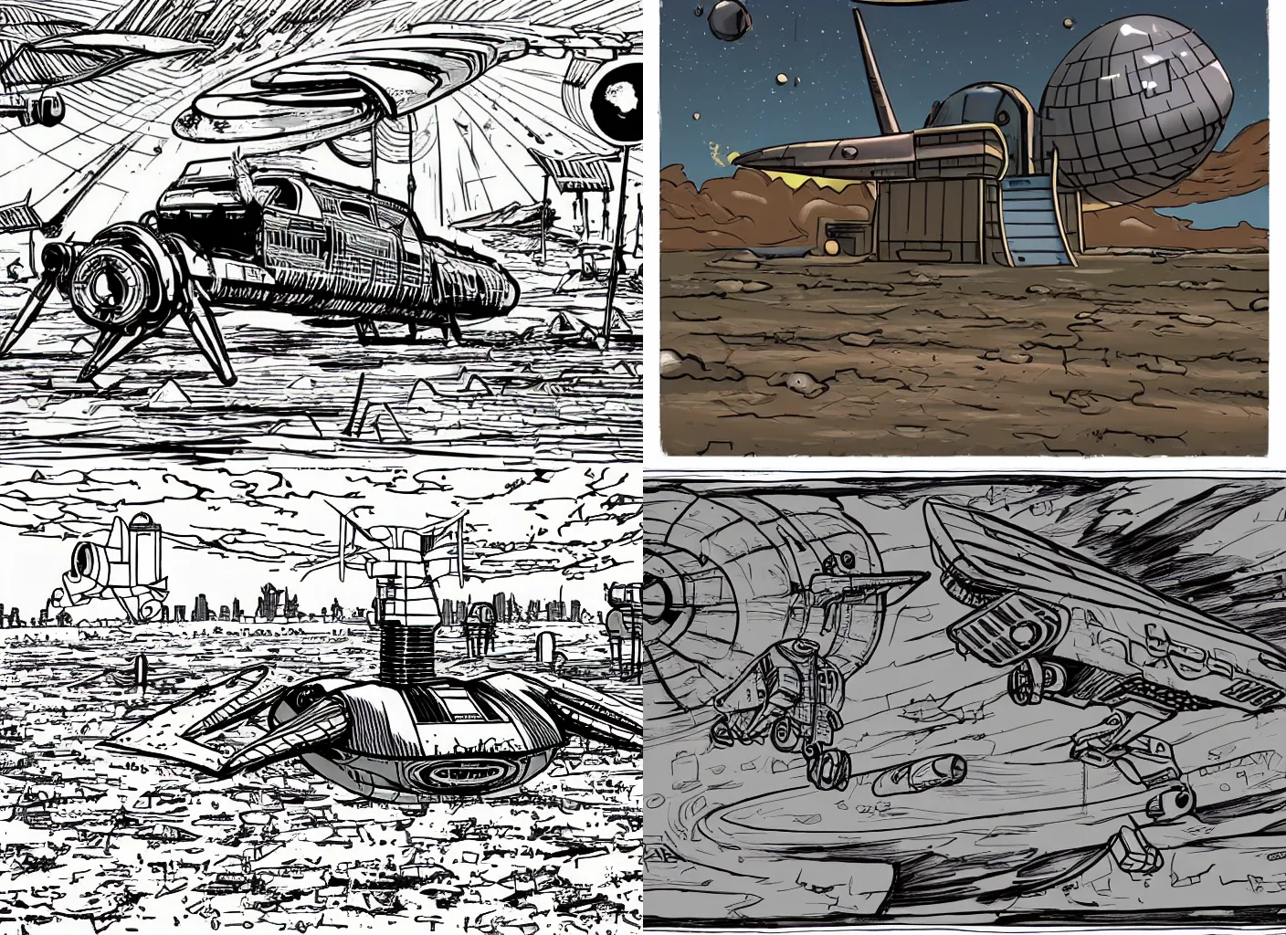 Prompt: cartoon style retro dystopian starship landing on the muddy ground