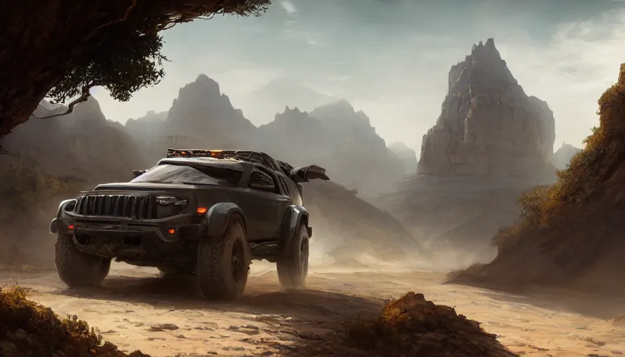 Prompt: an offroad suv designed by apple driving through socotra island, artgerm and greg rutkowski and alphonse mucha, an epic fantasy, volumetric light, detailed, establishing shot, an epic fantasy, trending on art station, octane render, midsommar