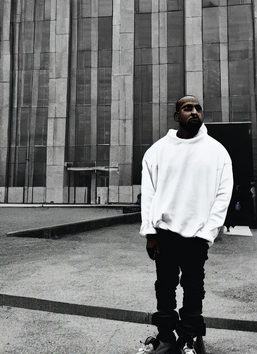 Image similar to Kanye West standing in front of the building of Huta Katowice, iPhone photo