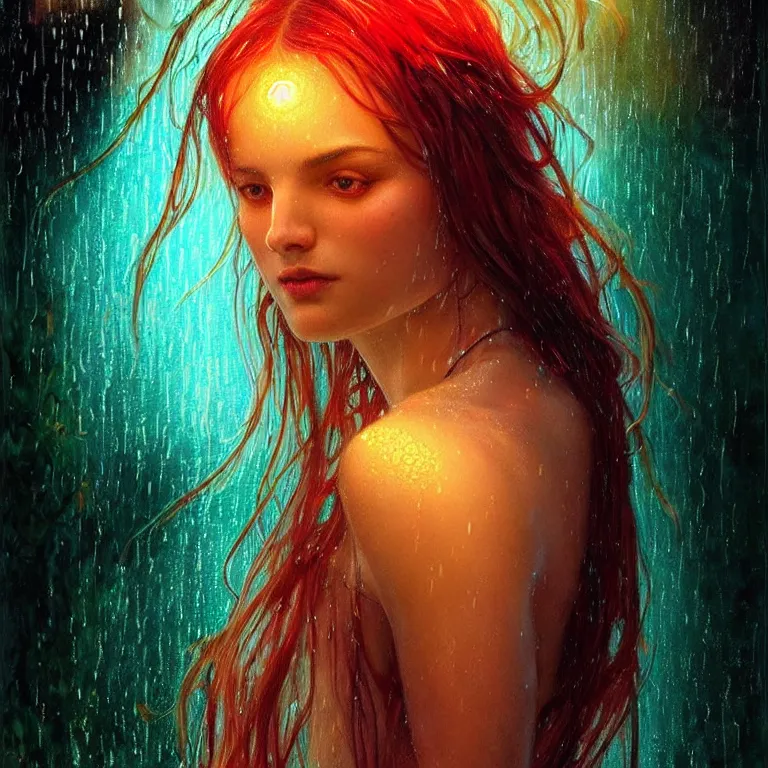 Image similar to bright asthetic portrait LSD glowing backlit rain on face and wet hair, fantasy, intricate, elegant, dramatic lighting, highly detailed, lifelike, photorealistic, digital painting, artstation, illustration, concept art, smooth, sharp focus, art by John Collier and Albert Aublet and Krenz Cushart and Artem Demura and Alphonse Mucha