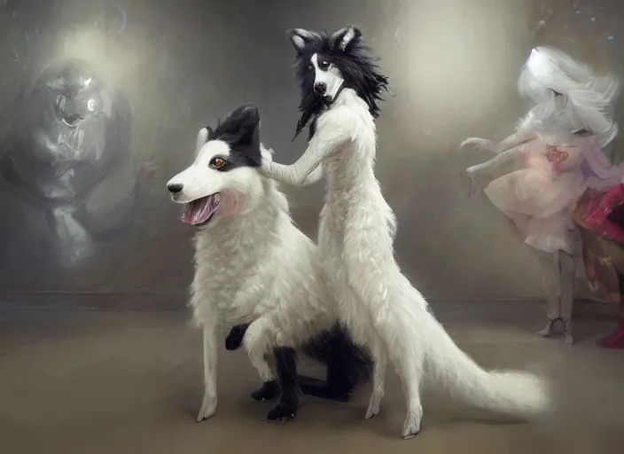 Image similar to wide shot painting of a male anthropomorphic border collie fursona dancing with a cute female anthropomorphic sheep fursona in a ballroom, beautiful, intricate, elegant, realistic proportions, highly detailed, scenic background, trending on artstation, art by charlie bowater and henry asencio and and ross tran