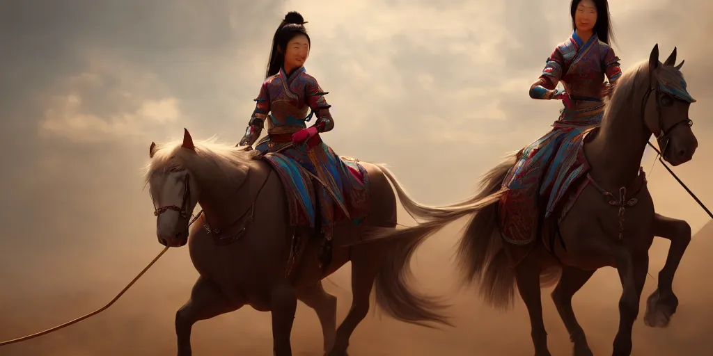 Image similar to painting of asian lady on horseback, hyper - realistic, unreal engine, octane render, digital art, trending on artstation, 8 k, detailed, atmospheric, immaculate