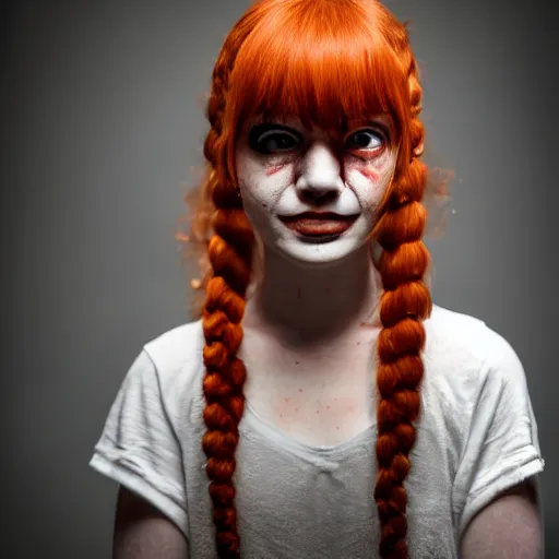 Prompt: A head and shoulders portrait of an adorable creepy horror girl with red hair in pigtails, eerie, dim lighting, 4K HD, professional portra 400 photograph