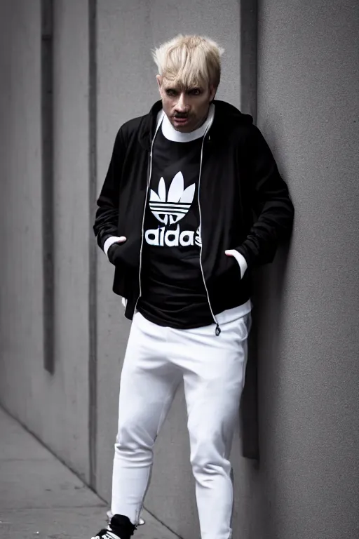 Prompt: extreme long shot. 35 years old blonde russian man in white adidas pants whith three black stripes. black letaher jacket. black t-shirt. white sneakers. hangover face. staying on the street. 4k, 8k, hyprerealistic, extreme hight detail, trending on artstation, masterpiece