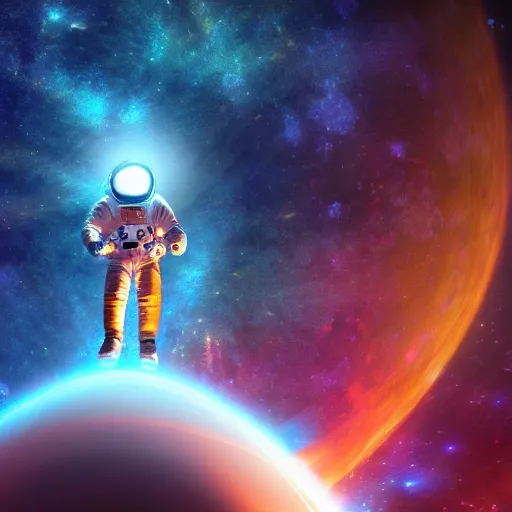 Prompt: astronaut floating in a galaxy glowing sun many shining stars cyberdelic, nintendocore, supremely digital, space - age, unreal engine, super detailed, dreamlike lighting, god rays