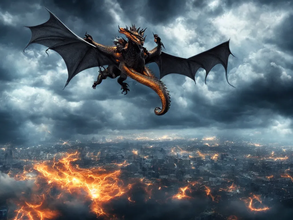 Image similar to epic detailed cinematic shot of dragon flying over a city through stormy clouds, breathing fire