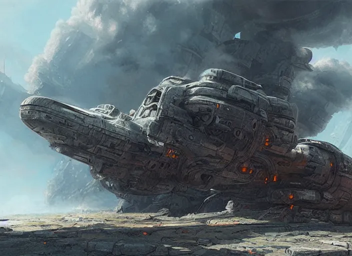 Image similar to A ancient crashed spaceship, billowing smoke, greeble by Raoul Vitale and Greg Rutkowski