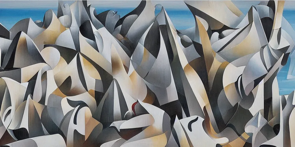 Image similar to a painting of abstract buildings like amalfi coast by zaha hadid and yves tanguy and aaron horkey