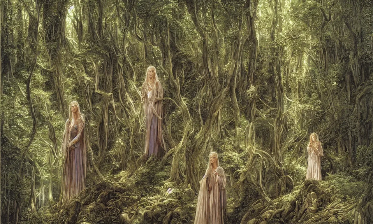 Image similar to Galadriel in Lothlórien, art by John Howe and Donato Giancola, fantasy illustration, Tolkein art