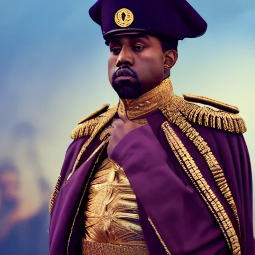 Image similar to kanye west as muammar kadhafi as emperor napoleon, splash art, movie still, detailed face, cinematic lighting, dramatic, octane render, long lens, shallow depth of field, bokeh, anamorphic lens flare, 8 k, hyper detailed, 3 5 mm film grain