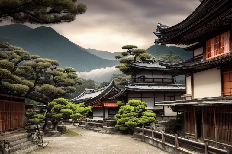 Prompt: Old japanese architecture in a Japanese valley, dramatic sky, digital art, 4k, 8k, trending on ArtStation