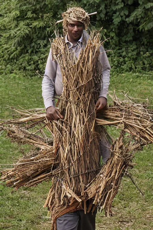 Image similar to a human - goat hybrid, carrying a bundle of sticks, wearing clothes made of leaves