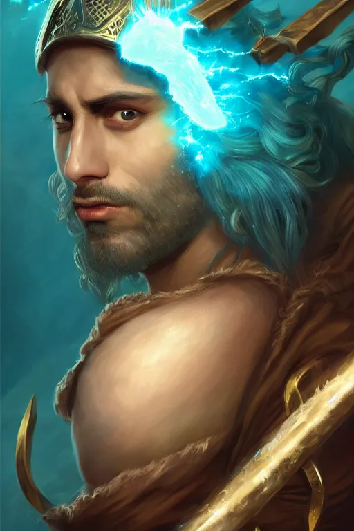 Image similar to ! dream character portrait of ahmad jannati as magic barbarian with a third eye on the forehead and body warpaint, dungeons and dragons cover artwork, dynamic composition, dramatic lighting, trending on artstation, award winning art, stylized painting by sophie anderson, leonardo da vinci and raphael, concept art, 4 k, 8 k, gold and teal color scheme