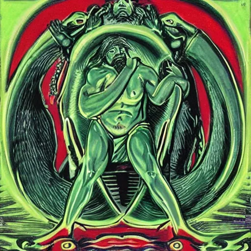 Image similar to by bill medcalf, by milo manara decorative neon green. a performance art of a mythological scene. large, bearded man seated on a throne, surrounded by sea creatures. he has a trident in one hand & a shield in the other. behind him is a large fish. in front of him are two smaller creatures.