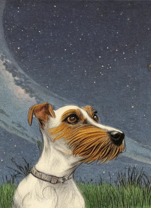 Prompt: candid portrait of jack russel dog looking up, from behind, night sky, highly detailed, side view, illustrated by peggy fortnum and beatrix potter and sir john tenniel