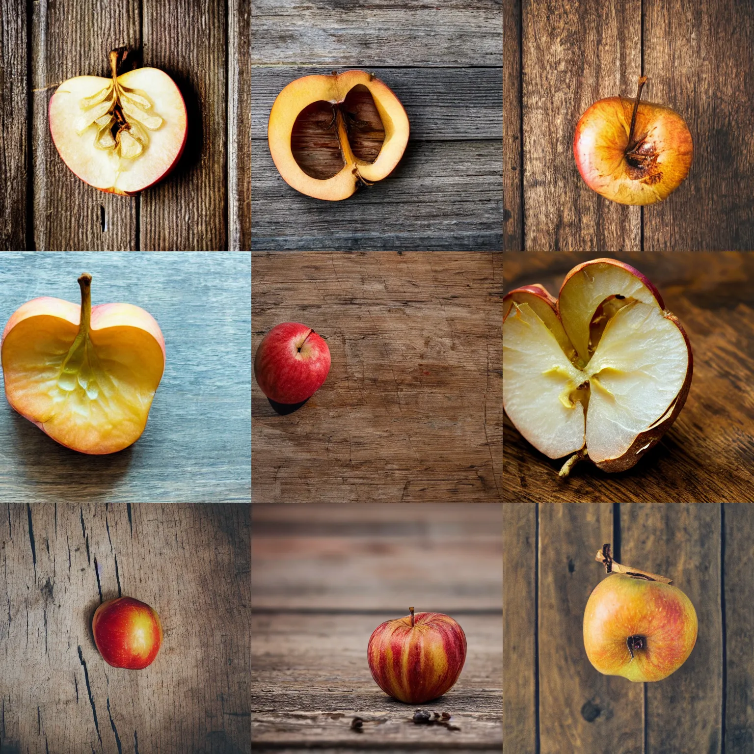 Image similar to A dried apple on a cracked wooden table