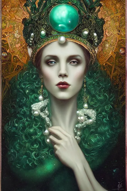 Prompt: Crown with iridescent pearls, emerald jewels, other worldly, art nouveau, by Anato Finnstark, Tom Bagshaw, Brom
