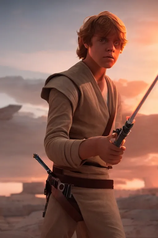 Image similar to young luke skywalker wielding a lightsabre in a heroic pose against a tattooine sunset, close up, dramatic lighting, octane render