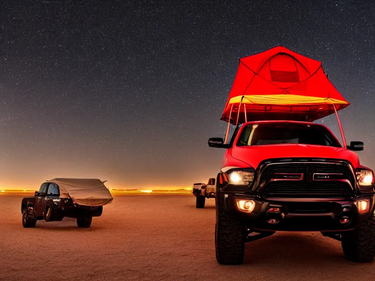 Prompt: dodge ram red power wagon with a roof top tent camping on wet salt flats at night, reflections, long exposure, milky way, award winning, cinematic, Vikram Thomas, 4K