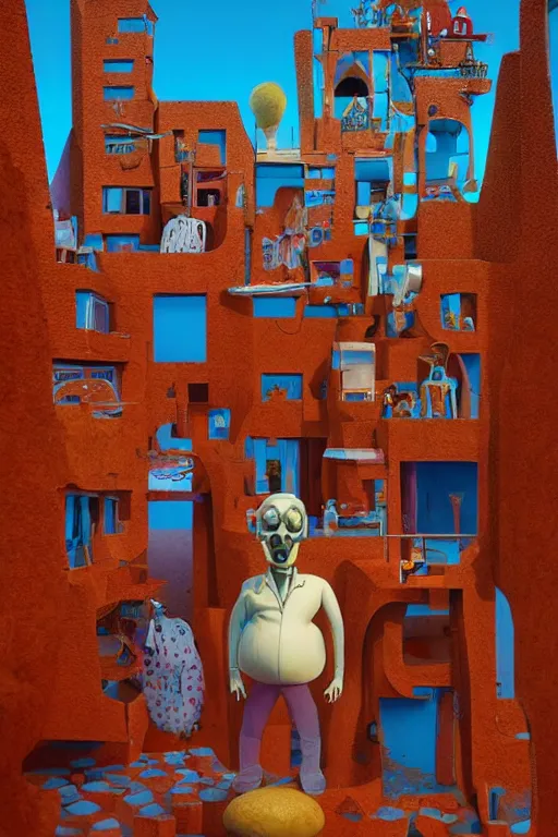 Image similar to Barry Chuckle, emperor of gravy skeletons. Neo-Andean architecture by Freddy Mamani. Painting by René Magritte, 3D rendering by Beeple, sketch by R. Crumb