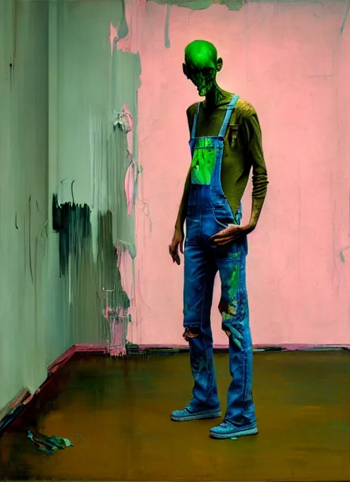 Prompt: an insane, skinny, artist wearing dirty, torn overalls, expressive painting the walls inside a grand messy studio, depth of field, hauntingly surreal, highly detailed painting by francis bacon, edward hopper, adrian ghenie, glenn brown, soft light 4 k in pink, green and blue colour palette, cinematic composition, unreal engine,