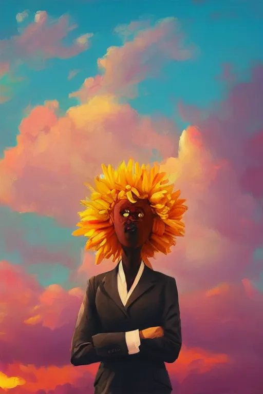 Image similar to closeup, giant flower as head, black woman in suit, surreal photography, golden hour, colorful clouds, impressionist painting, digital painting, artstation, simon stalenhag